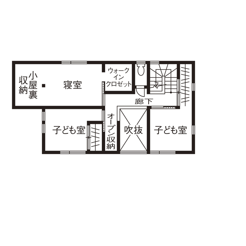 みのり建築舎 【薪ストーブ／吹抜／間取図】薪ストーブや菜園、BBQ など、豊かな自然の中で思い描いていた暮らしを楽しむの間取り図（3LDK+畳コーナー）2階