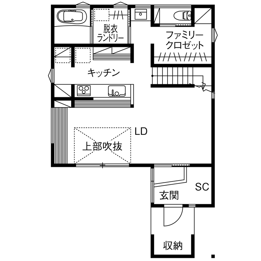 みのり建築舎 【2000万円～2499万円/吹抜/ロフト/間取図】花火も、遊びも、暮らしも楽しむ。4層構造で広がる家族の時間の間取り図（2LDK+中2階+ロフト）1階