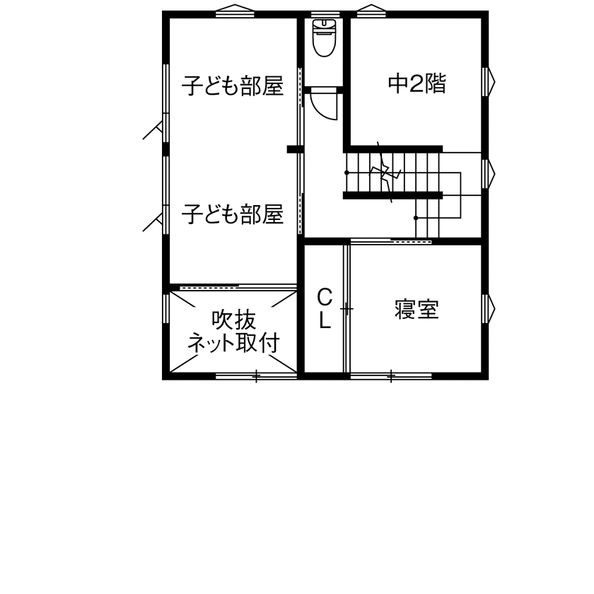 みのり建築舎 【2000万円～2499万円/吹抜/ロフト/間取図】花火も、遊びも、暮らしも楽しむ。4層構造で広がる家族の時間の間取り図（2LDK+中2階+ロフト）2階