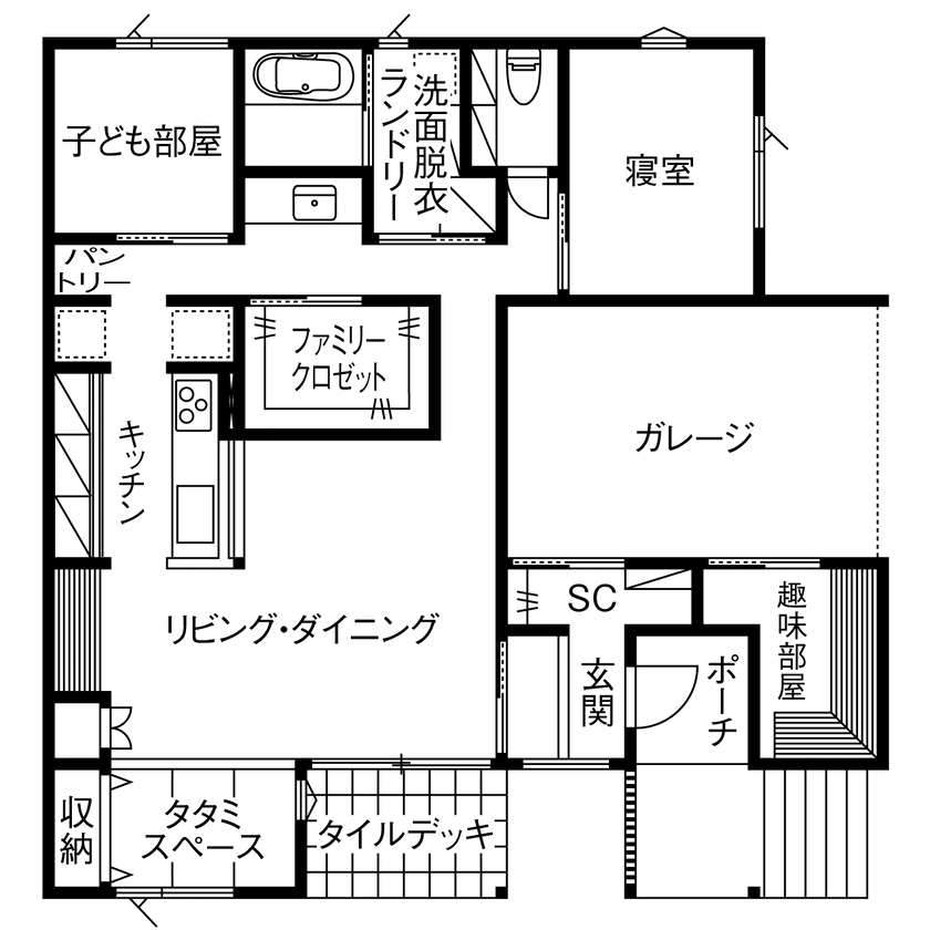みのり建築舎 【2000万円～2499万円／平屋／間取図】ネコちゃんも暮らしやすい、ビルトインガレージのある平屋の間取り図（2LDK+趣味部屋）1階