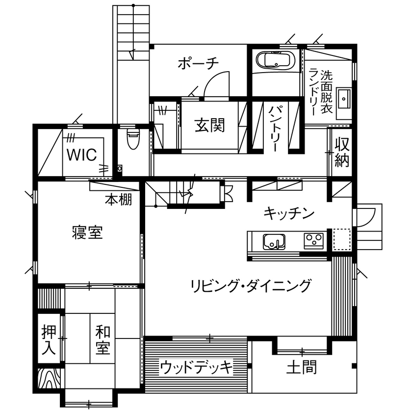 みのり建築舎 【3000万円～3499万円／収納充実／間取図】重厚感とやさしい木の温もり。家相を考慮した寄棟屋根の住まいの間取り図（4LDK+WIC+ランドリー）1階