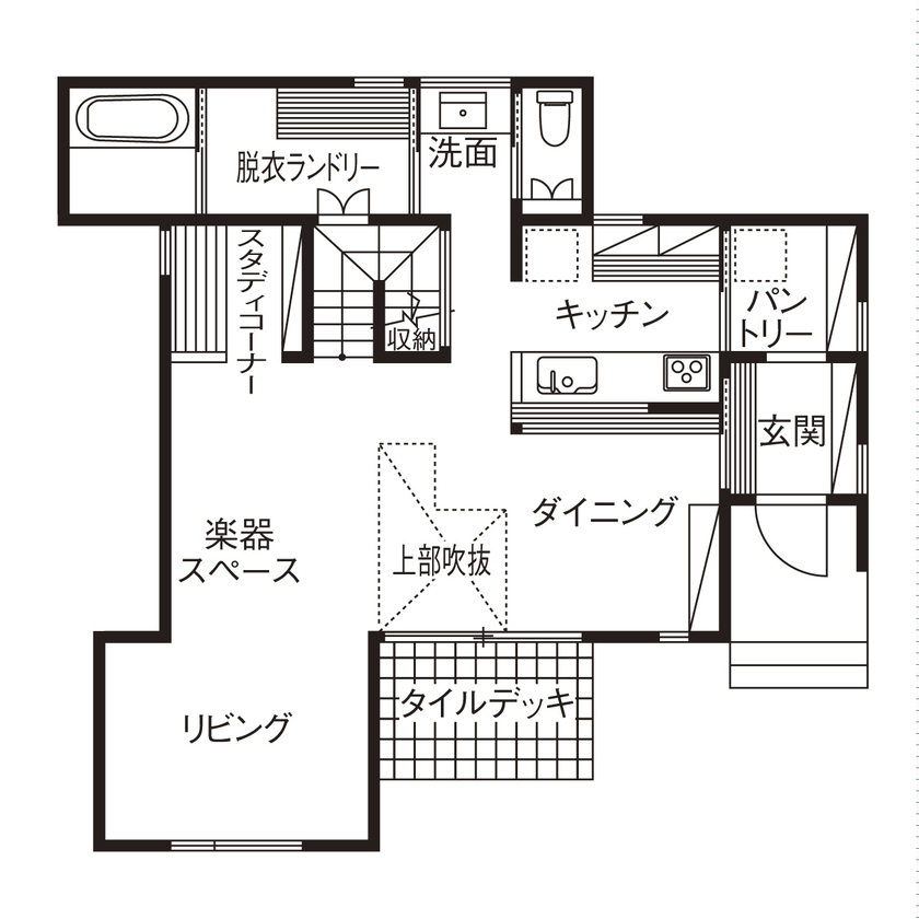 みのり建築舎 【2000万円～2499万円／ZEH／自然素材／吹抜／間取図】家族で音楽を楽しみ、読書に没頭する心地よい木の家の間取り図（2LDK）1階