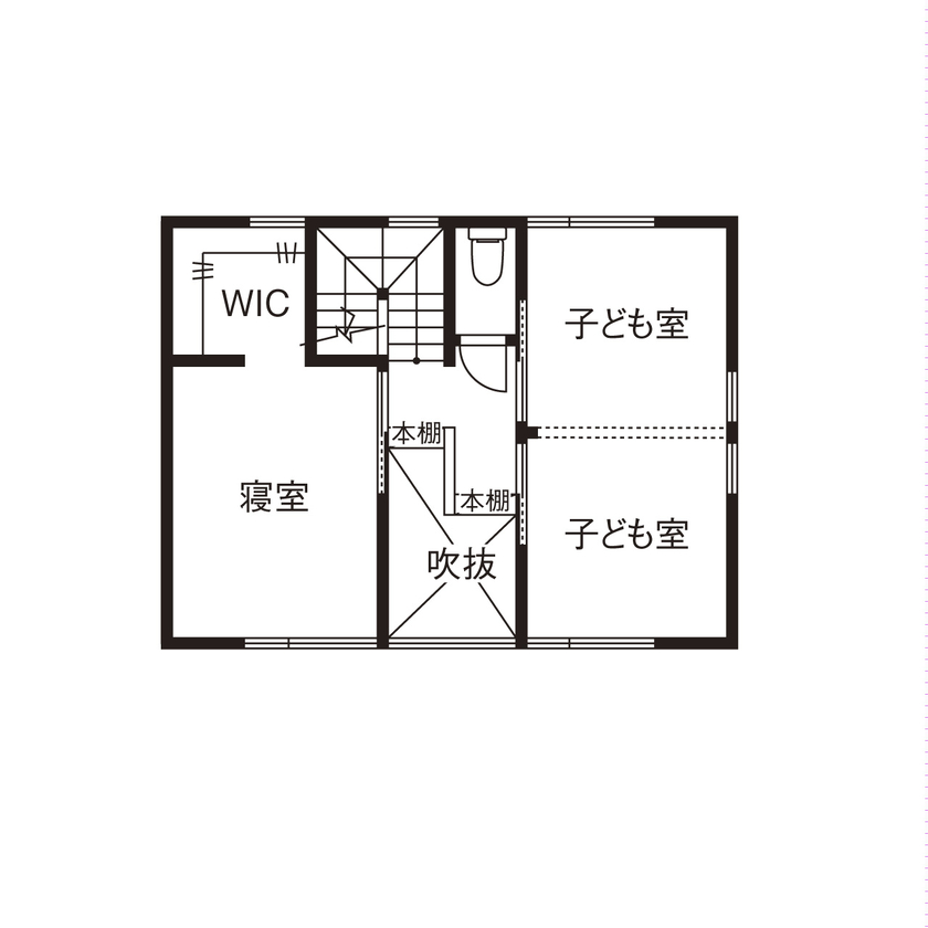 みのり建築舎 【2000万円～2499万円／ZEH／自然素材／吹抜／間取図】家族で音楽を楽しみ、読書に没頭する心地よい木の家の間取り図（2LDK）2階