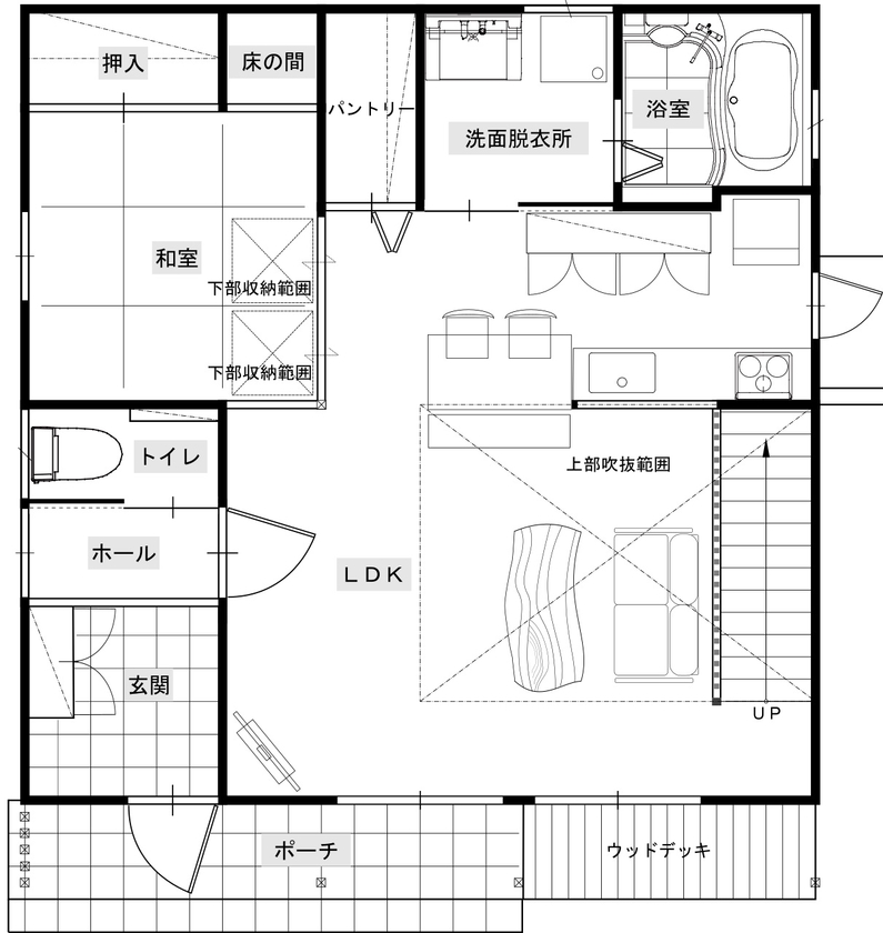 綿半林業 【1000万円台/ひのき】自然素材とたっぷり収納、家事ラク動線など、家族の希望を詰め込んだ下屋がある家の間取り図（4LDK）1階
