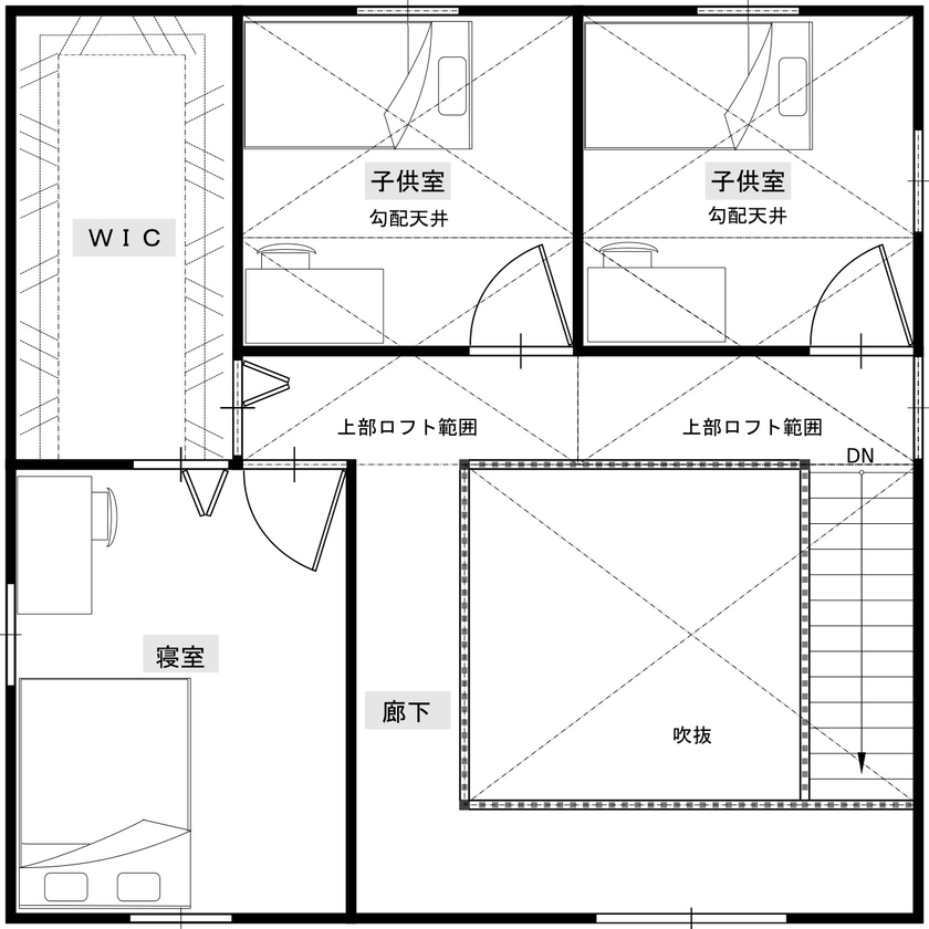 綿半林業 【1000万円台/ひのき】自然素材とたっぷり収納、家事ラク動線など、家族の希望を詰め込んだ下屋がある家の間取り図（4LDK）2階