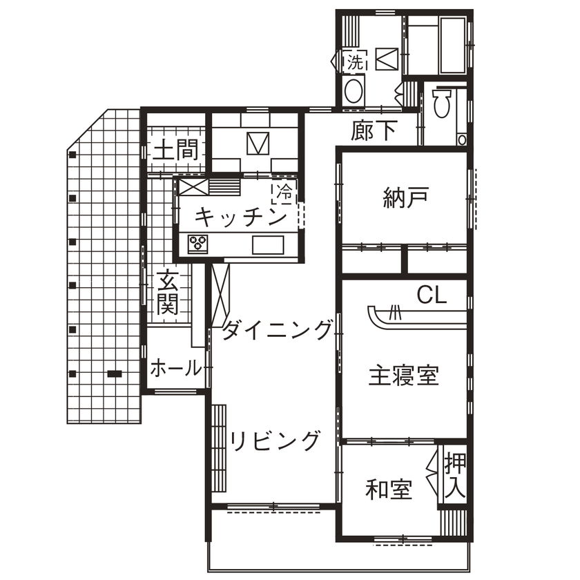 こころ建築設計 【平屋/間取り有/モダンスタイル】多彩な使い方ができる土間収納を設けた平屋の住まいの間取り図（2LDK+納戸）1階