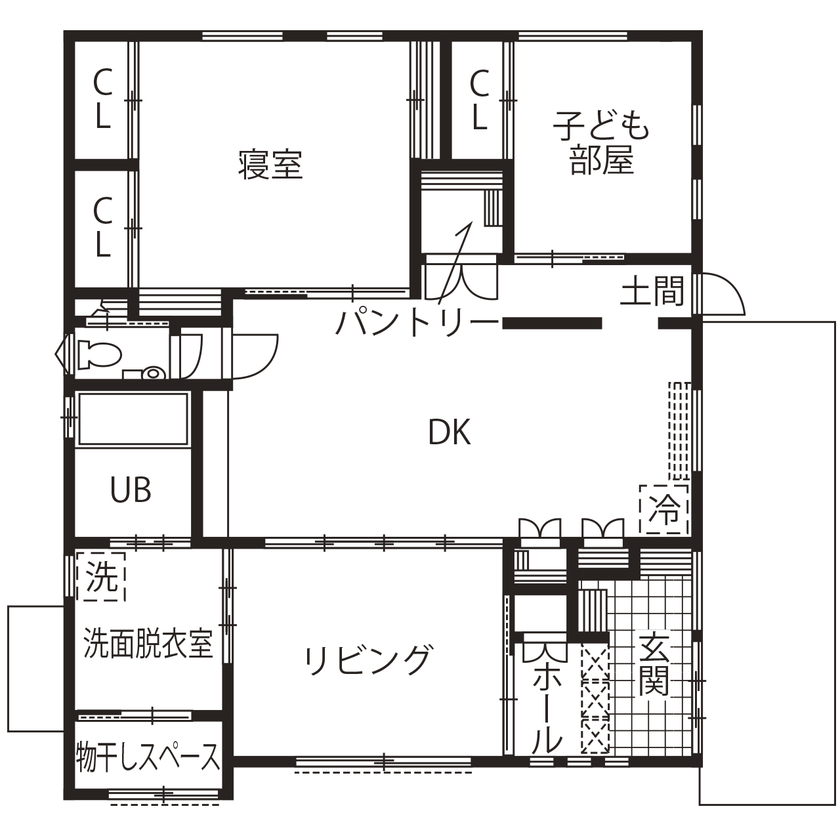 こころ建築設計 【平屋/間取り有】木の質感あふれる造作が魅力。ナチュラルスタイルの平屋の佇まいを実現の間取り図（2LDK）1階