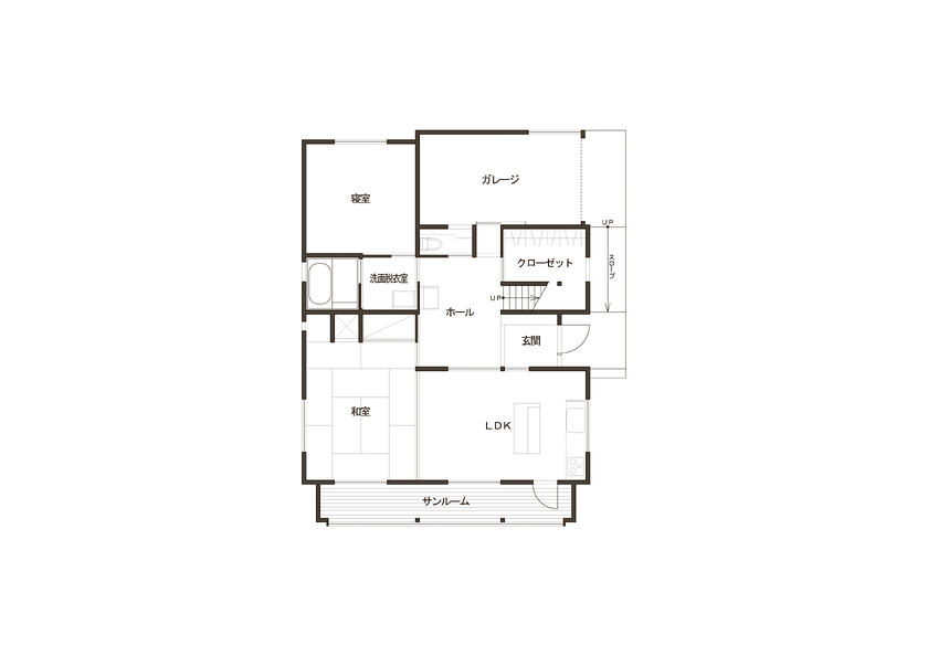 湯本工務店 【自然素材/無垢材/平屋/インナーガレージ/33坪/2000万円台】金井の家の間取り図（２LDK＋小屋裏収納）１階
