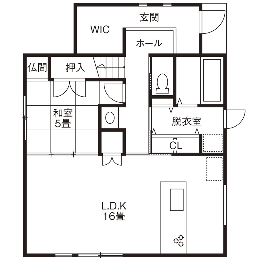 沖田工務店 【寝屋川市｜1000万円台|間取り有】モノトーンインテリア×平屋風プラン。冬でも暖かく過ごせる家の間取り図（３LDK+２WIC）１階