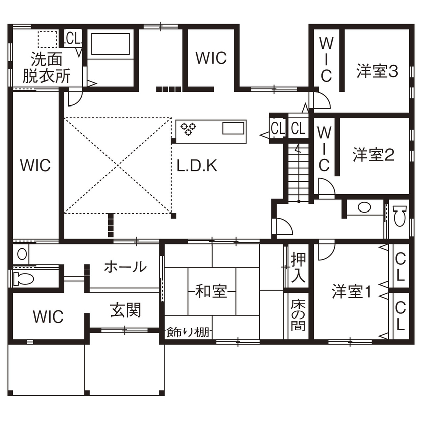 沖田工務店 【寝屋川市｜間取り】高気密・高断熱の長期優良住宅を純和風の佇まいで実現。贅を尽くした造作もたっぷりの間取り図（５LDK＋納戸＋6WIC）１階