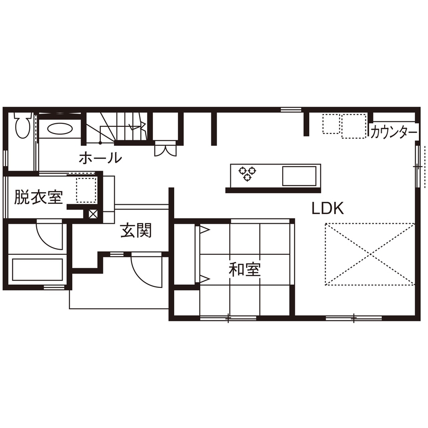 山崎建設 【習志野市/2000万円台/間取り図有り】リビングの吹抜けが開放的なジャパンディスタイルの住まいの間取り図（2LDK）1階