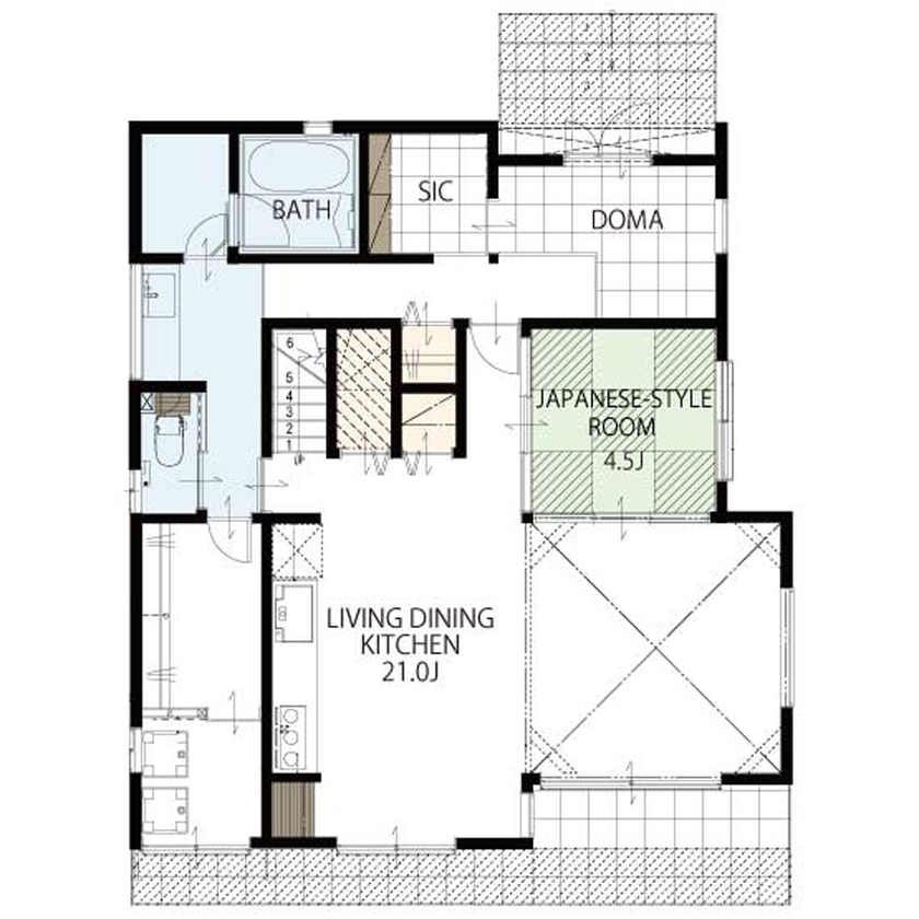 東栄住宅 【延床42.1坪／吹抜／間取図有】隣り合う土地を親しい友人と一緒に購入。家族ぐるみで暮らしを楽しむ家の間取り図（5LDK+WIC+SC＋土間）1階