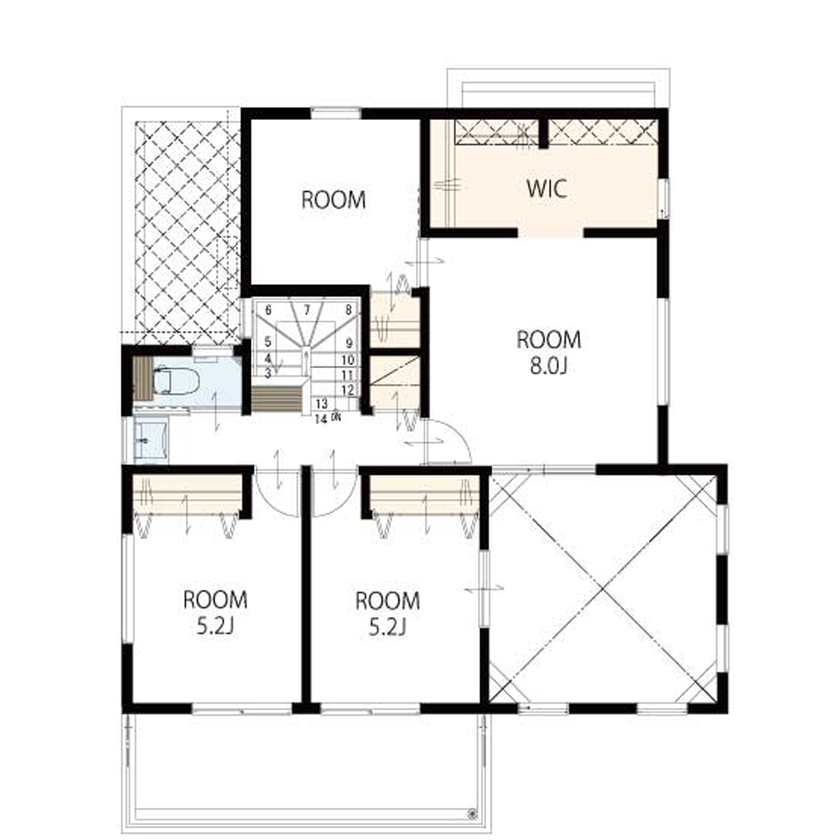 東栄住宅 【延床42.1坪／吹抜／間取図有】隣り合う土地を親しい友人と一緒に購入。家族ぐるみで暮らしを楽しむ家の間取り図（5LDK+WIC+SC＋土間）2階