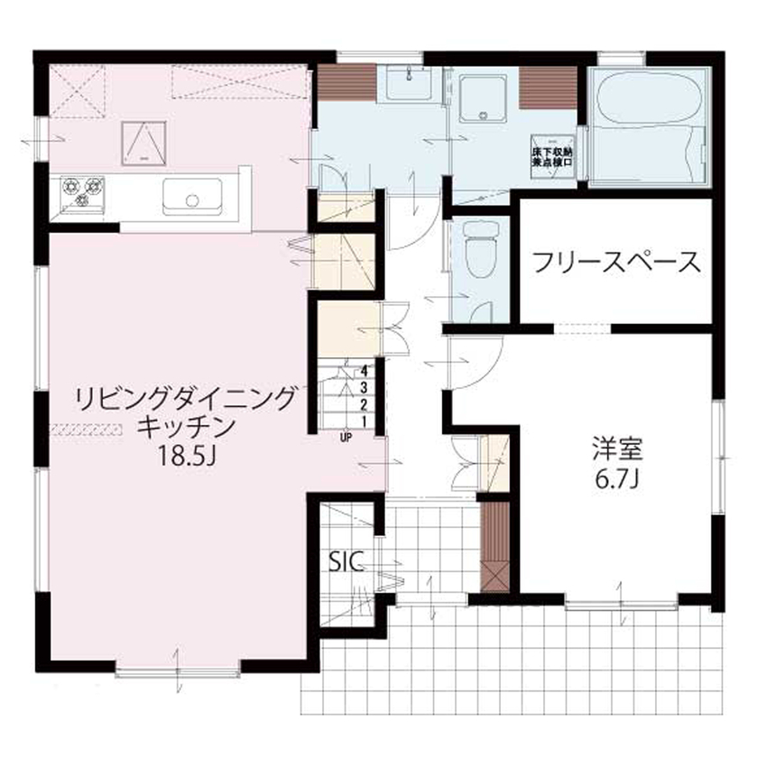 東栄住宅 【延床41.3坪／間取図】１階は人が集う広々としたリビング、2階に家族が寛ぐサブリビングを設けた住まいの間取り図（4LDK+サブリビング）1階