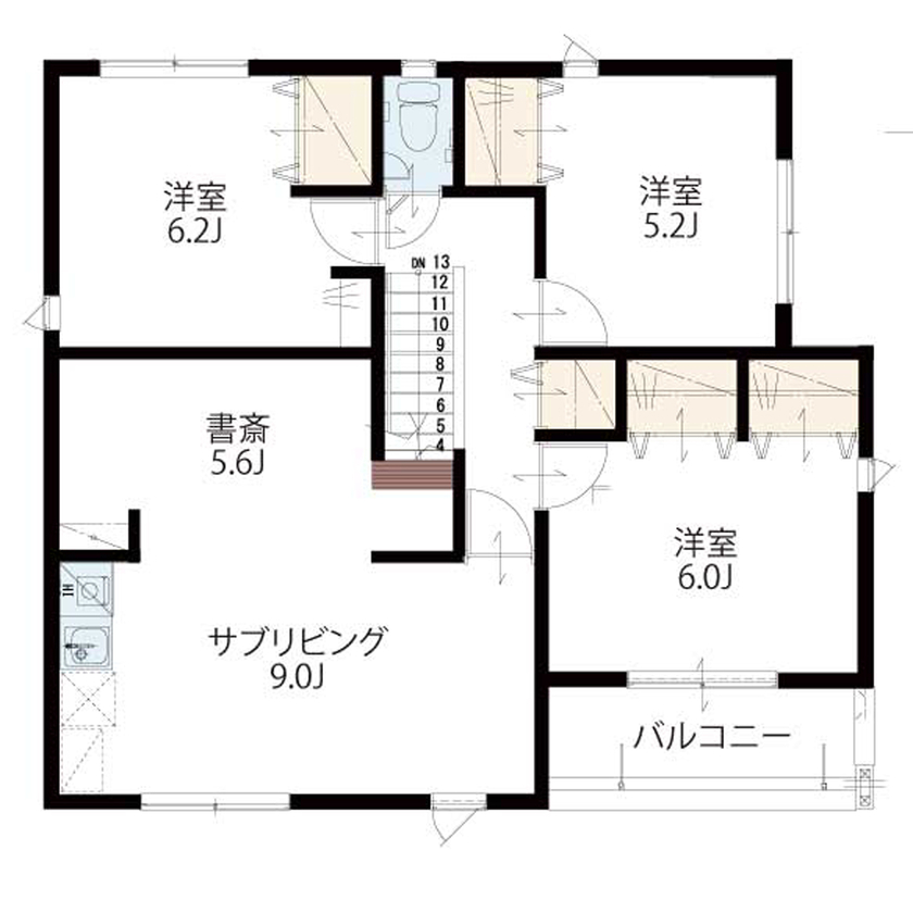 東栄住宅 【延床41.3坪／間取図】１階は人が集う広々としたリビング、2階に家族が寛ぐサブリビングを設けた住まいの間取り図（4LDK+サブリビング）2階