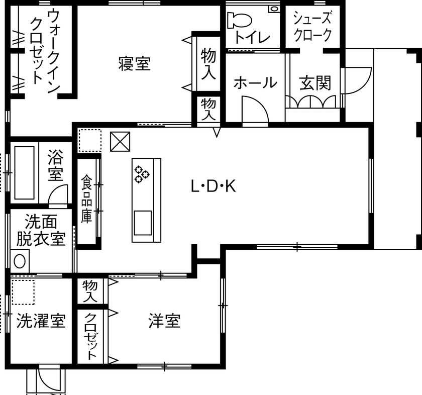 昭和建設 【吹抜の開放感を味わえる平屋】窓越しの緑景を取り込み、モデルハウスのような美しさを追求した家の間取り図（2LDK）1階
