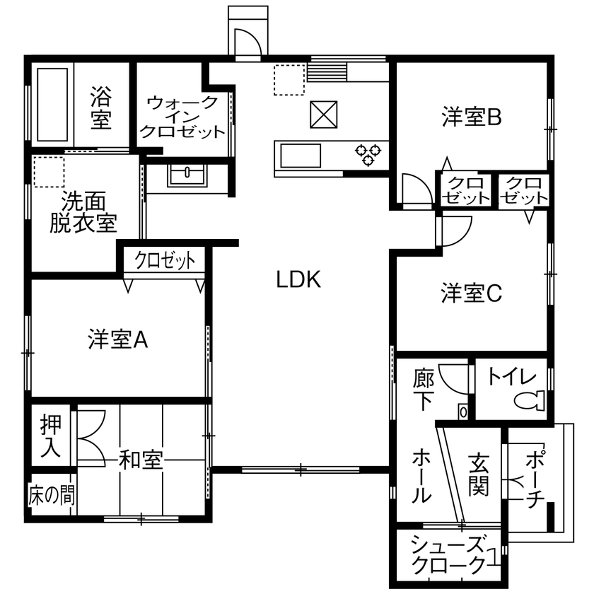 昭和建設 開放感たっぷりのリビングに様々な造作家具。家族の「大好き」をいっぱい詰めた、三角屋根の愛らしい平屋の間取り図（4LDK）1階