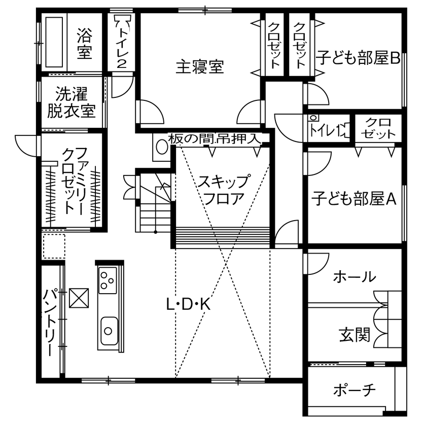 昭和建設 【2200万円台で建てた家／間取り図有】天井高4.3ｍの開放的なリビングとスキップフロアが魅力の平屋の間取り図（3LDK）1階