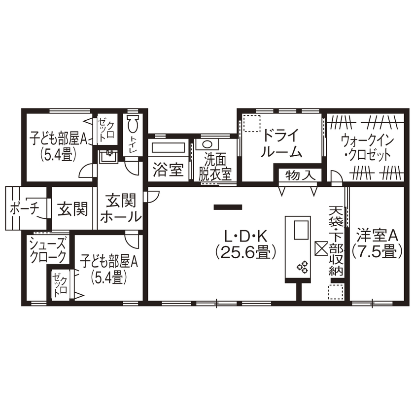 昭和建設 【2300万円台で建てた家／間取り図有】1フロアで暮らしが完結する平屋。横一直線に並ぶ水回り　の間取り図（3LDK）1階