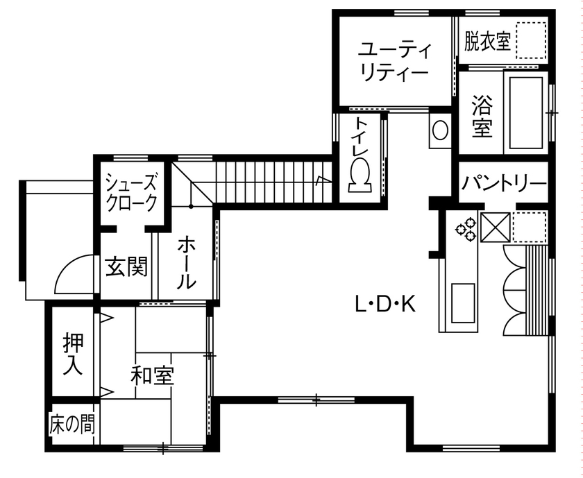 昭和建設 【2200万円台で建てた家／間取り図有】キッチンから家族を見守るクリアな視界で、家事と子育てを両立！の間取り図（4LDK）1階