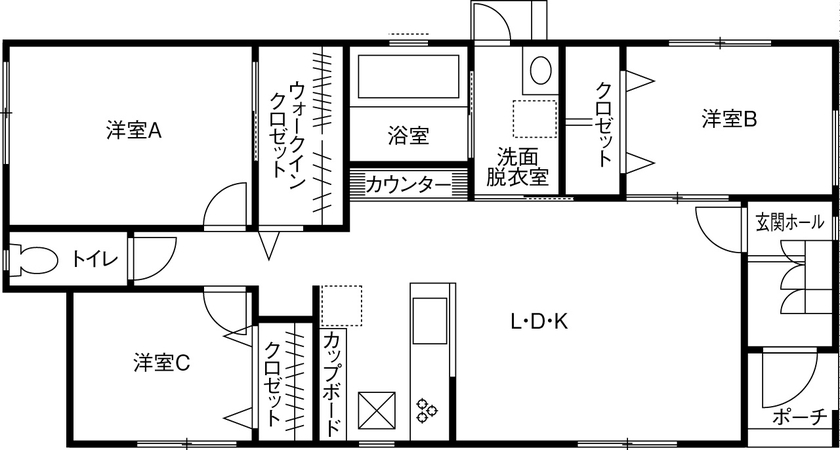 昭和建設 【1600万円台で建てた家／間取り図有】家族の時間を大切に、家事ラク動線も叶えたリビング中心の平屋の間取り図（3LDK）1階