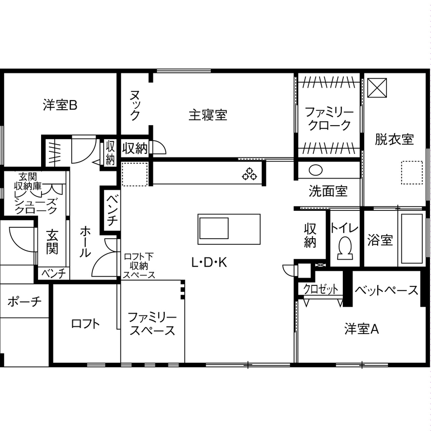 昭和建設 【2400万円台で建てた家／間取り図有／平屋】「ありきたり」では満足できない、独創的なデザインハウスの間取り図（3LDK＋ロフト）1階