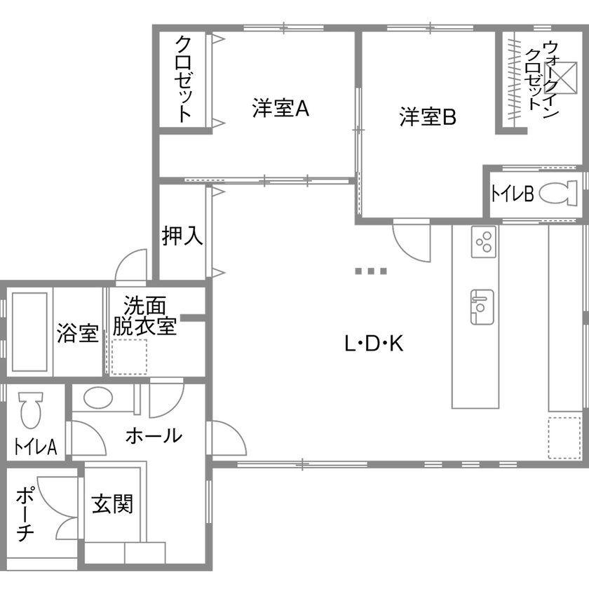 昭和建設 【2000万円～2499万円で建てた家／間取り図有／平屋】リゾートホテルをコンセプトにセカンドライフを満喫の間取り図（2LDK）1階
