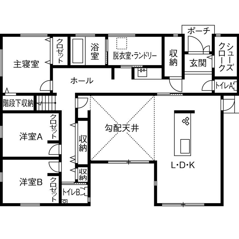 昭和建設 【2650万円で建てた家／間取り図有／平屋】走って、隠れて、笑い声が響く！賑やかに、家族の思い出を刻む家の間取り図（3LDK＋小屋裏）1階