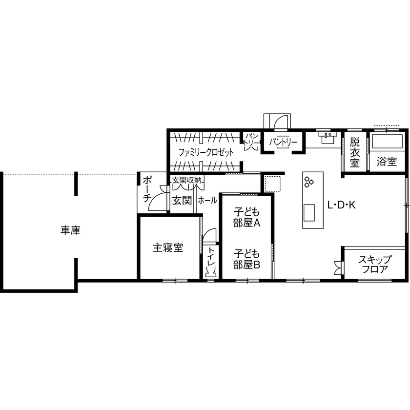 昭和建設 【2260万円で建てた家／間取り図有】大切な家族がいつもすぐそばに。コンパクトでも丁度いい平屋の間取り図（2LDK（3LDK対応））1階