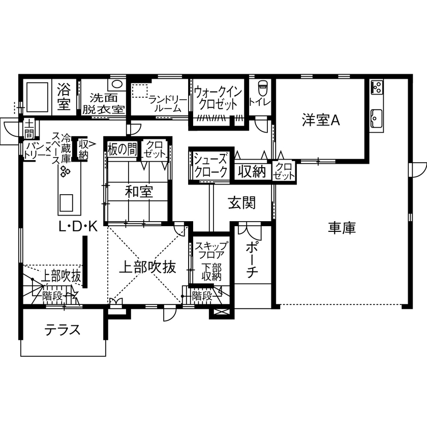 昭和建設 【間取り図有／ビルトインガレージ】家族や友人とワイワイ過ごす、シアタールームやスキップフロアがある家の間取り図（5LDK＋車庫）1階