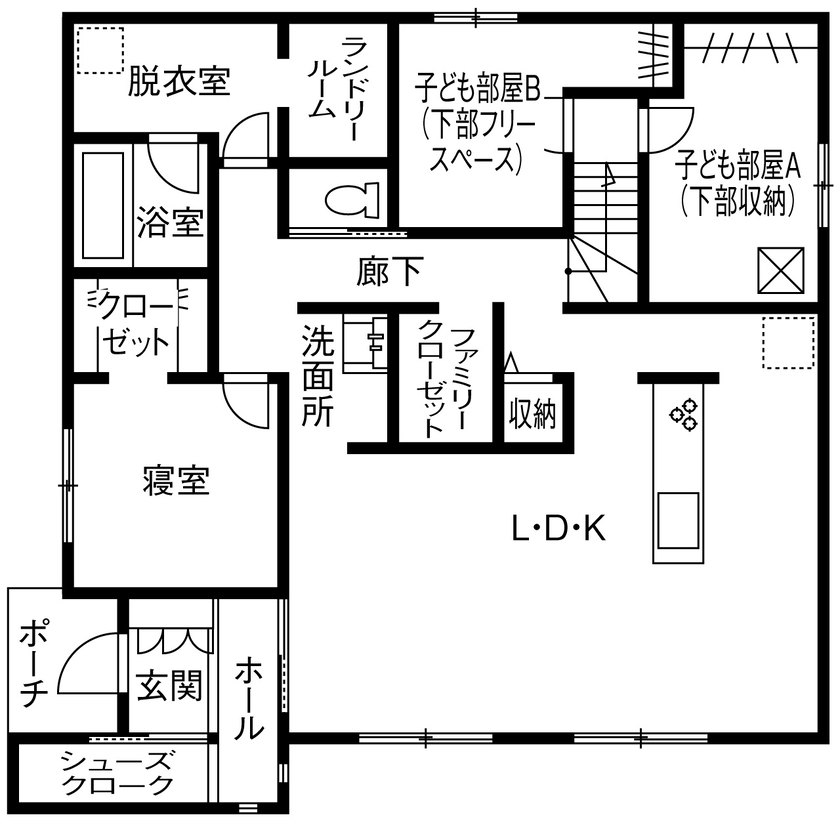 昭和建設 【2500万円で建てた家／間取り図有】平屋と2階建てのいいとこどり！欲しい空間と回遊動線を叶えた1.5階建ての間取り図（3LDK）1階