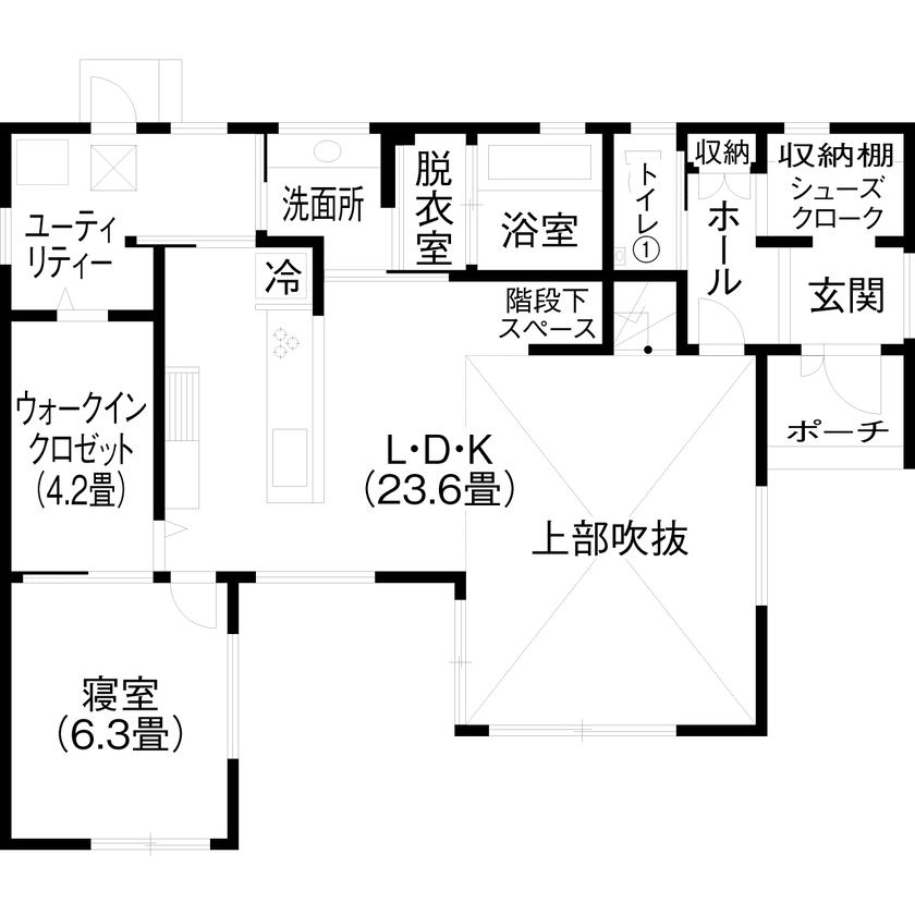 昭和建設 【2500万円～2999万円で建てた家／間取り図有】お気に入りのドアの先には薪ストーブがある吹抜けのリビングの間取り図（3LDK＋小屋裏収納）1階