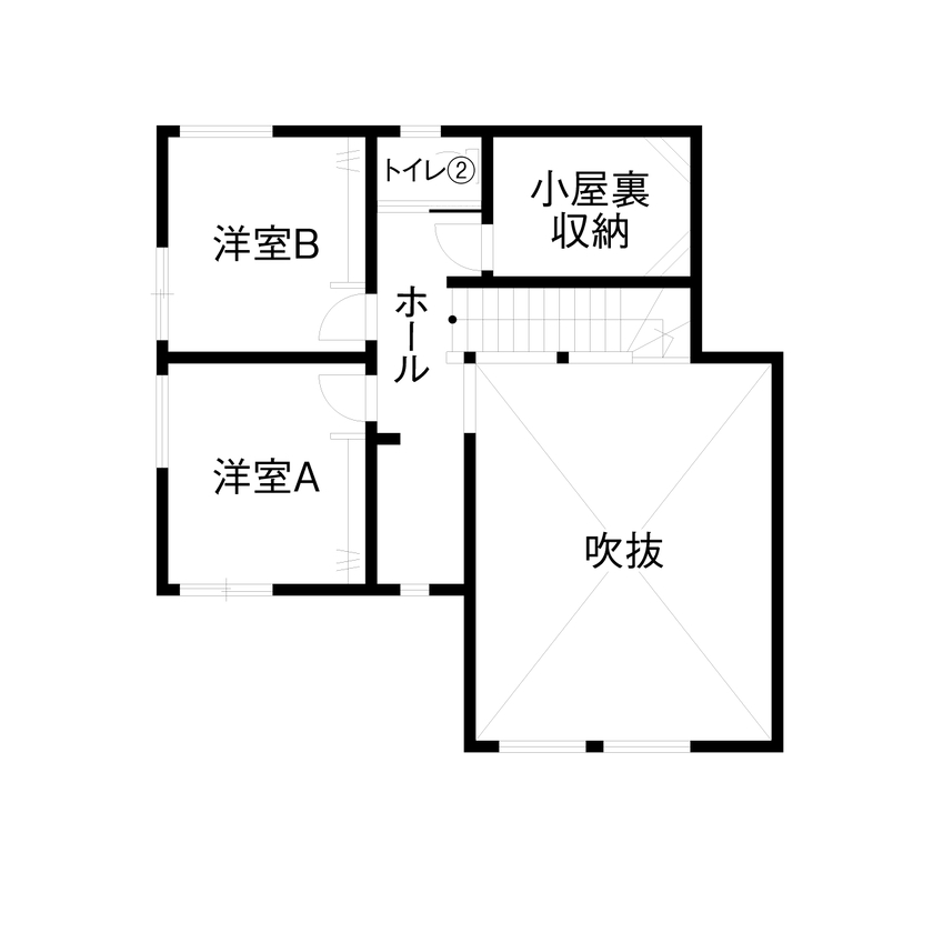 昭和建設 【2500万円～2999万円で建てた家／間取り図有】お気に入りのドアの先には薪ストーブがある吹抜けのリビングの間取り図（3LDK＋小屋裏収納）2階