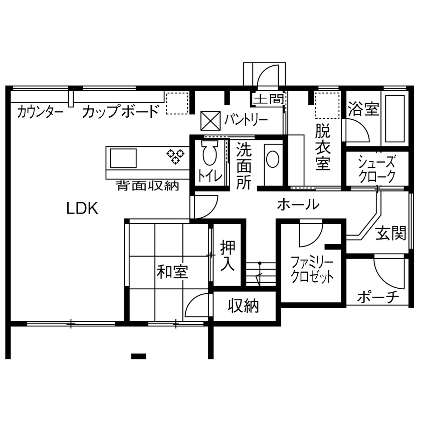 昭和建設 【間取り図有】家事のひと手間を減らせる水まわりのアイデアが光る。美しく、快適に、楽しく暮らす家の間取り図（4LDK）1階