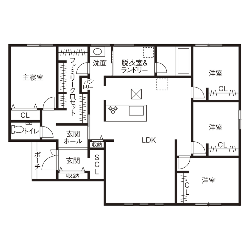 昭和建設 【2000万円～2499万円で建てた家／間取り図有／平屋】吹き抜けのある27畳のLDKと回遊動線が魅力！の間取り図（4LDK）1階