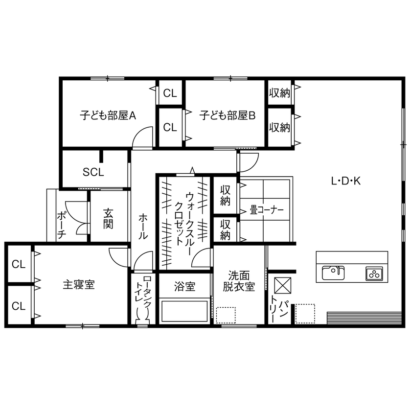 昭和建設 【2000万円～2499万円で建てた家／20代／間取り図有】間接照明を効かせたラグジュアリーな雰囲気の平屋の間取り図（3LDK）1階