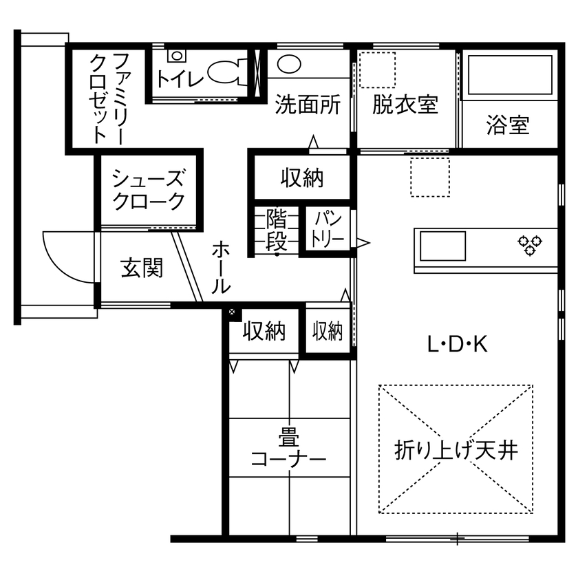 昭和建設 【2500万円～2999万円で建てた家／間取り図有】プラスαの予算を抑え「シンプルにカッコいい」を目指した家の間取り図（3LDK＋畳コーナー）1階