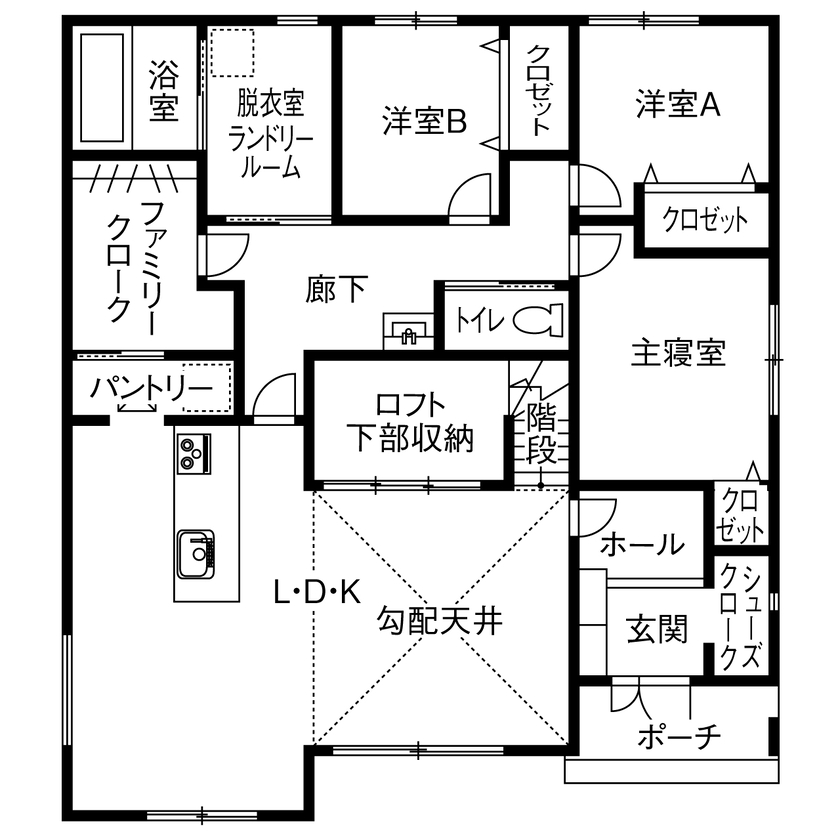 昭和建設 【2400万円台で建てた家／間取り図有】勾配天井で開放感たっぷり。家族の会話が増えるロフト付きの平屋の間取り図（3LDK＋ロフト）1階