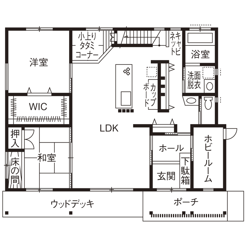 三和木 【平屋風×和瓦の大屋根×土間の趣味室|間取り有】30代夫婦がこだわった、居心地のいい和モダン（半田市）の間取り図（4LDK+ホビールーム）1階