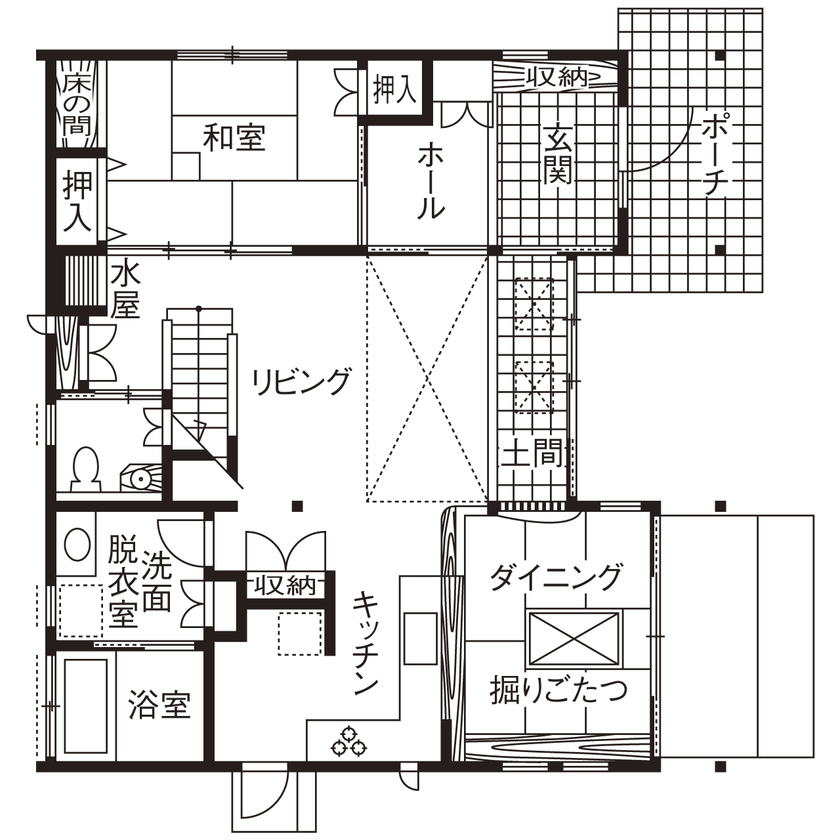 三和木 【土間×薪ストーブ×大屋根×42坪|間取り有】飴色の無垢が愛おしい。10年を経て、より魅力を増す和モダンの間取り図（3LDK+WIC）1階
