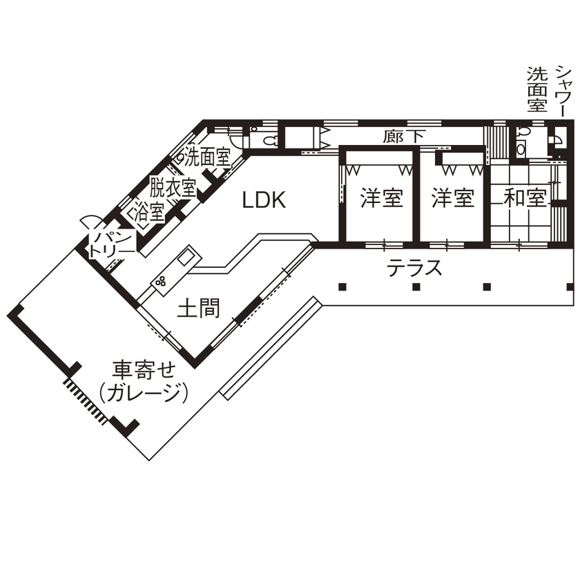 三和木 【くの字の平屋×土間×57坪】大自然、薪ストーブ、愛車と寛ぐ至福。無垢の心地よさを愉しむガレージハウスの間取り図（3LDK＋土間）1階