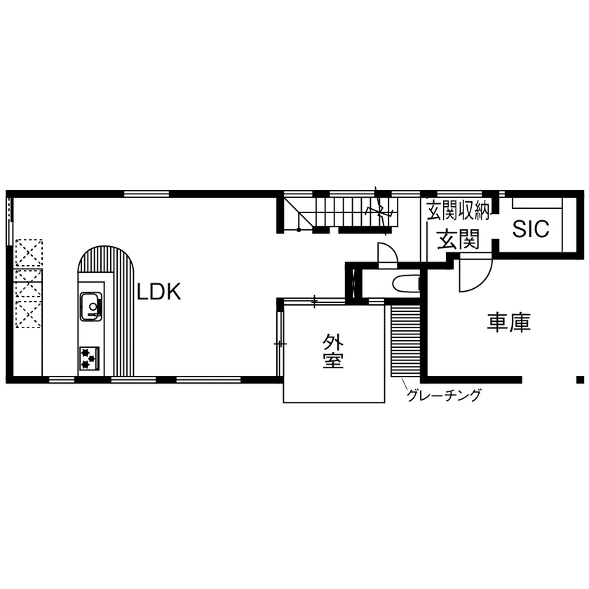 僕らの家 【6000万円～6499万円／地下室／ビルトインガレージ／間取り】7人家族の遊び心がたっぷり詰まった住まいの間取り図（3LDK）1階