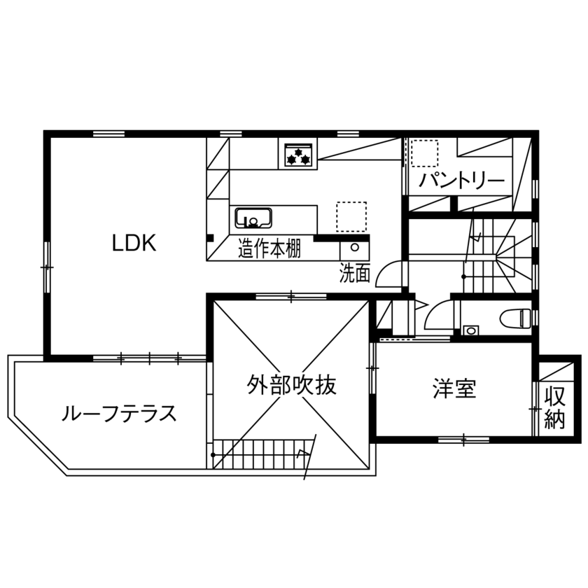 僕らの家 【3500万円～3999万円／2階リビング／テラス／間取り】家族みんなで遊べるアスレチックのある家の間取り図（3LDK）2階