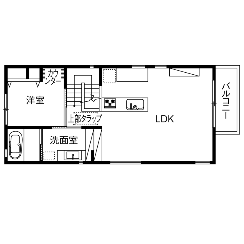僕らの家 【3500万円～3999万円／狭小／2階リビング／間取り】上下階をつなぐスタイリッシュな階段室のある家の間取り図（4LDK）2階