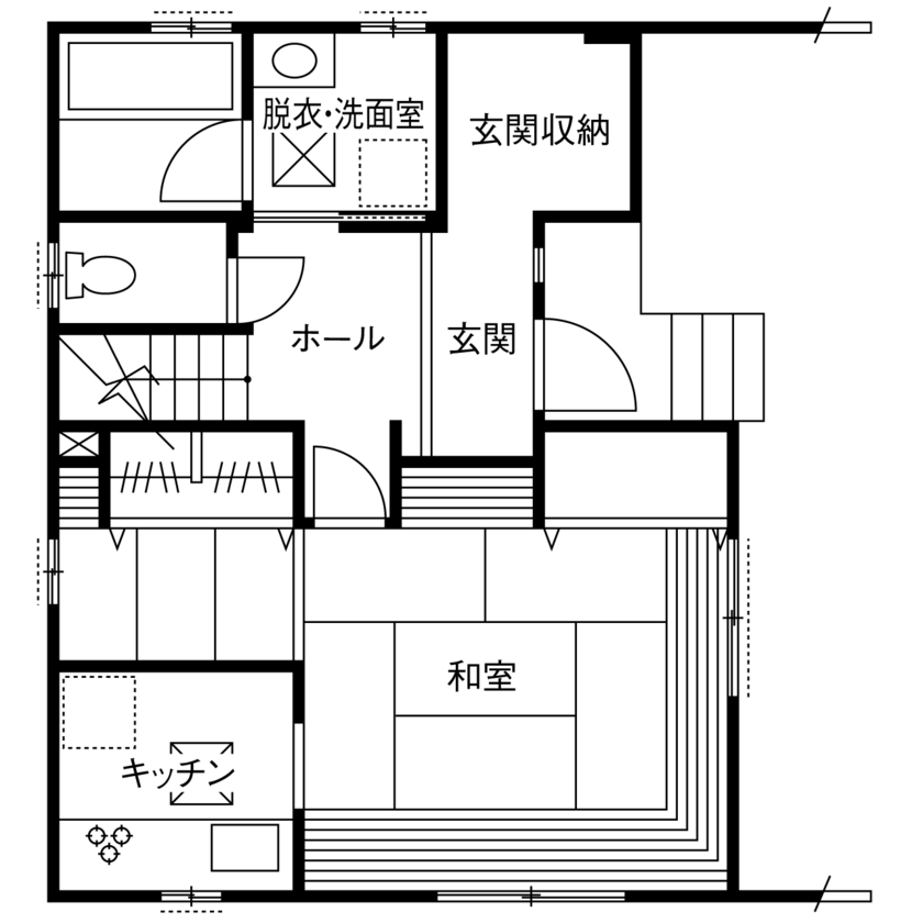 僕らの家 【二世帯／3階建て／2階リビング／間取り】家族のつながりを感じる「ブランコのある家」の間取り図（4LDK+1K）1階