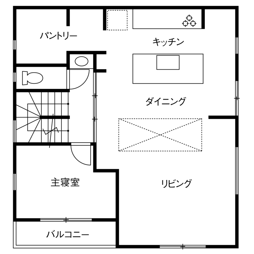僕らの家 【二世帯／3階建て／2階リビング／間取り】家族のつながりを感じる「ブランコのある家」の間取り図（4LDK+1K）2階