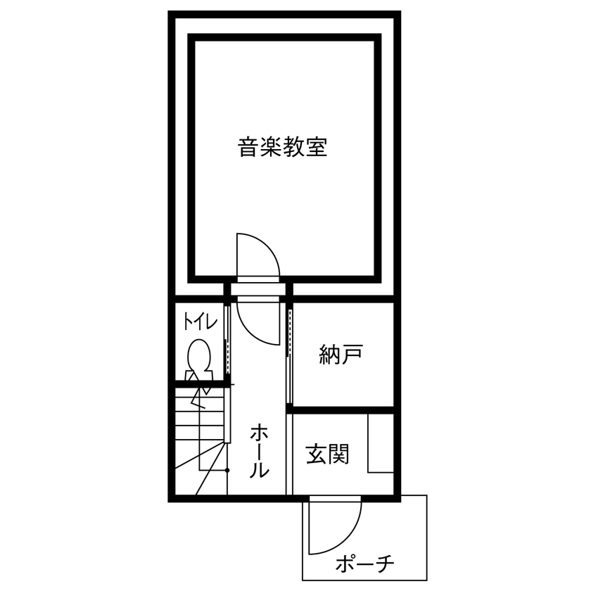 アトリエツバキ 一級建築士事務所 【1000万円台/狭小/間取り図】間口の狭い20.7坪の細長敷地に建つ音楽教室のある3階建ての間取り図（3LDK）1階
