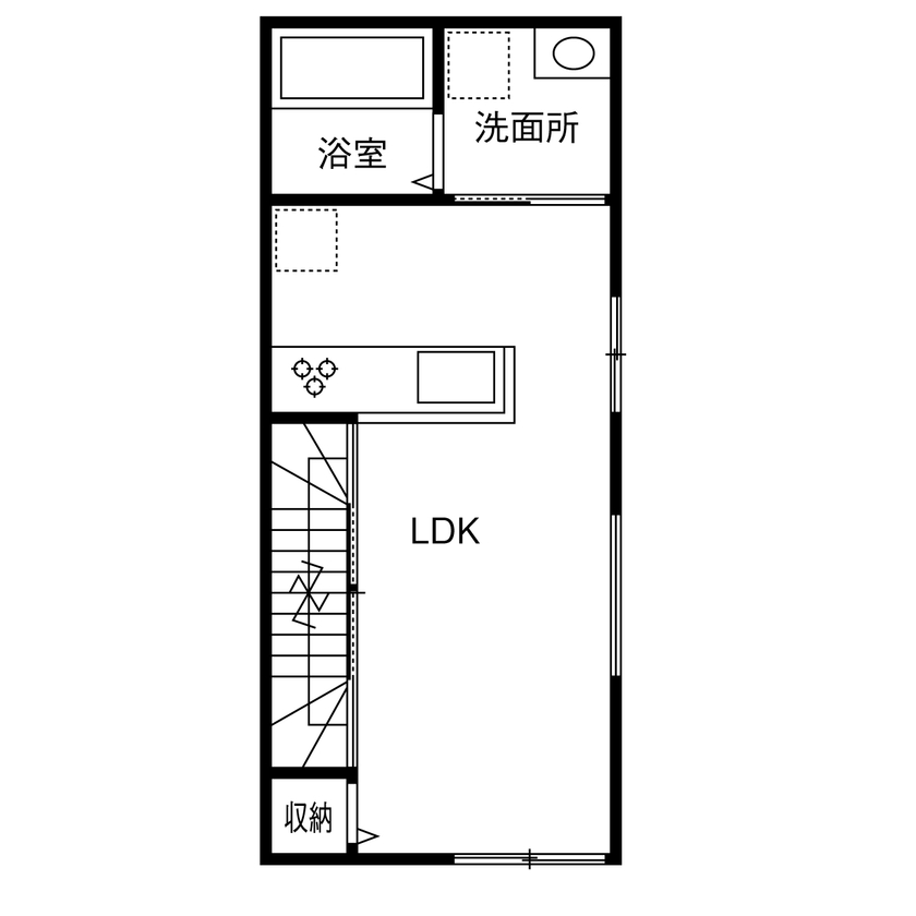 アトリエツバキ 一級建築士事務所 【1000万円台/狭小/間取り図】間口の狭い20.7坪の細長敷地に建つ音楽教室のある3階建ての間取り図（3LDK）2階