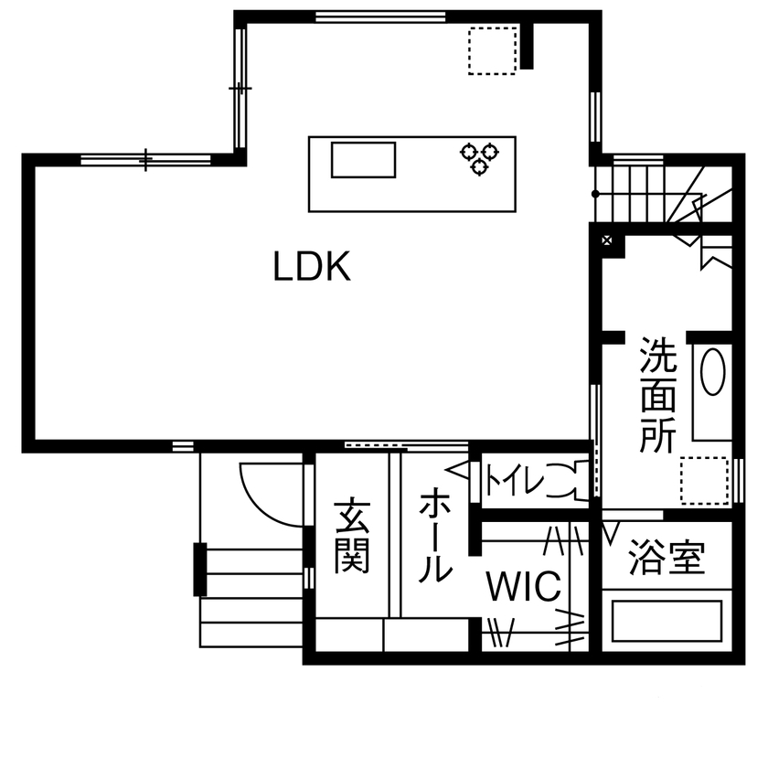 アトリエツバキ 一級建築士事務所 【1000万円台/間取り図】憧れのアイランドキッチンを置いたかっこいいとナチュラルが共存する家の間取り図（3LDK）1階