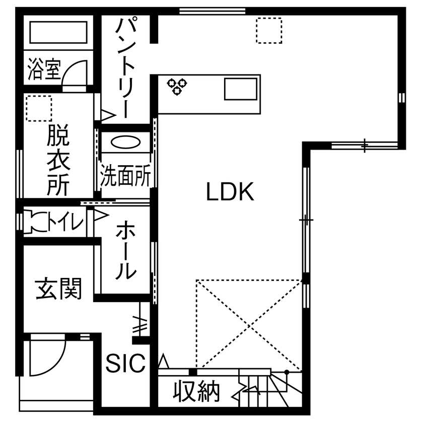 アトリエツバキ 一級建築士事務所 【1000万円台/間取り図】住み心地にもこだわった白の美しさが際立つホテルライクな家の間取り図（4LDK）1階